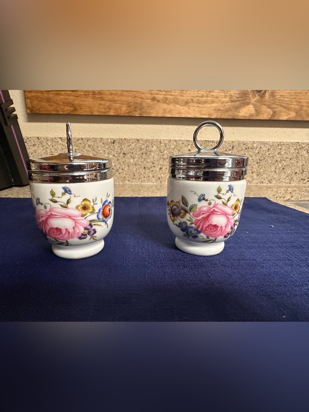 Royal Worcester Porcelain Egg Cups with Silver-Tone Lids - Pink Floral vintage